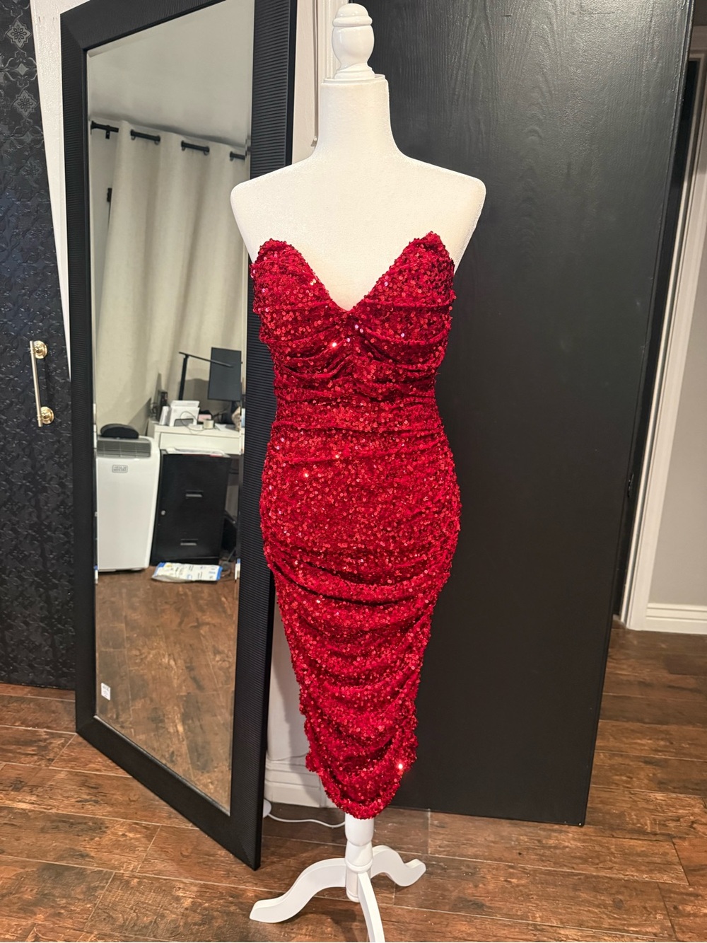 Strapless Red Sequin Ruched Midi Dress
